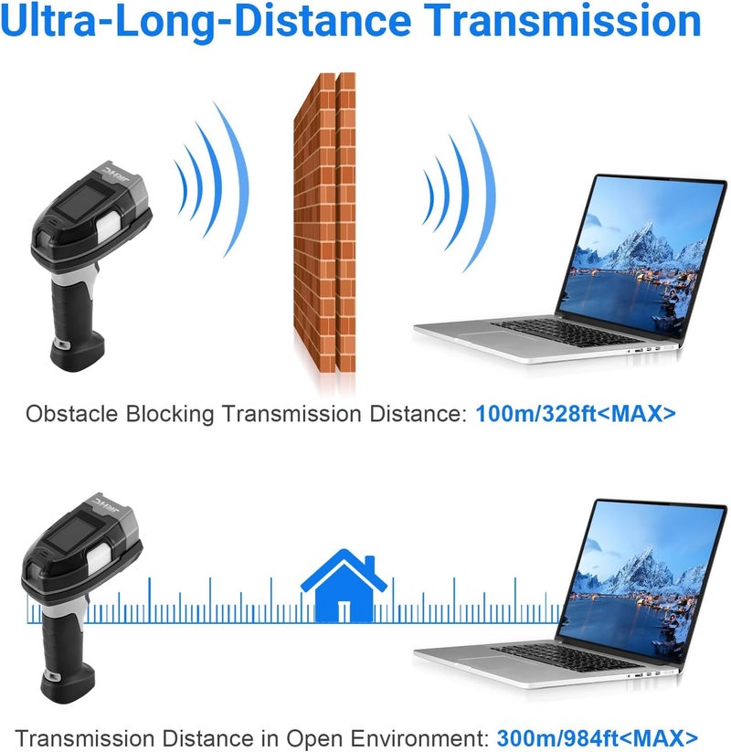 JRHC Barcode Scanner Wireless, Industrial 1D Laser Bar Code Scanners 2 in 1 Plug and Play Rugged Heavy Duty & IP65 Waterproof, Long-Distance Wireless Handheld Barcode Reader with 1.8" Screen - Image 5